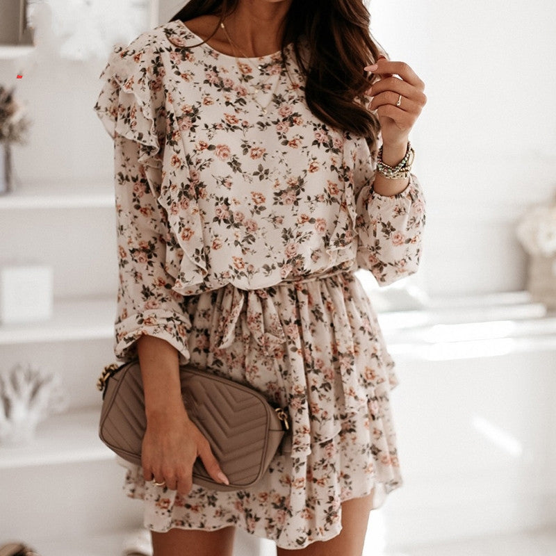 Lovely Floral Print Casual Long Sleeve Dress