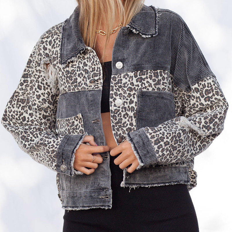 Leopard Stitching Corduroy Jacket