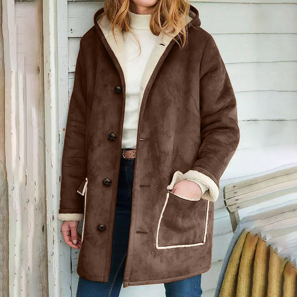 Cozy Retro Suede Warm Hooded Woman Coat