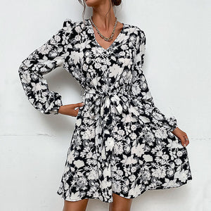 Chic V-Neck Long-Sleeved Printed Dress for Girls