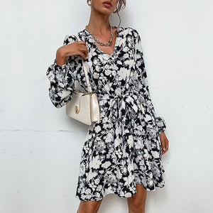 Chic V-Neck Long-Sleeved Printed Dress for Girls