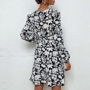 Chic V-Neck Long-Sleeved Printed Dress for Girls